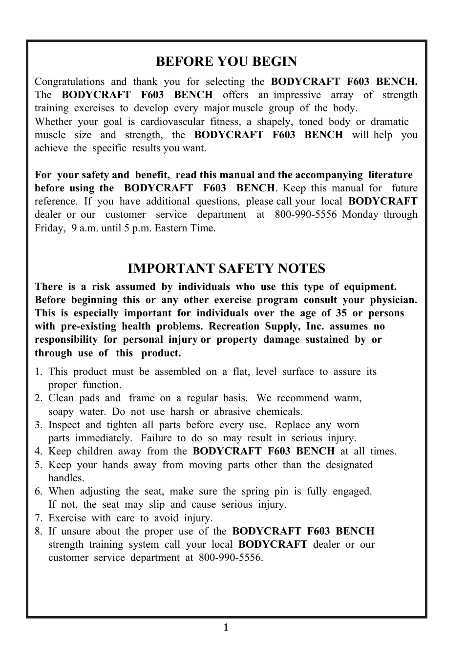 Before you begin | BodyCraft F603 User Manual | Page 2 / 7
