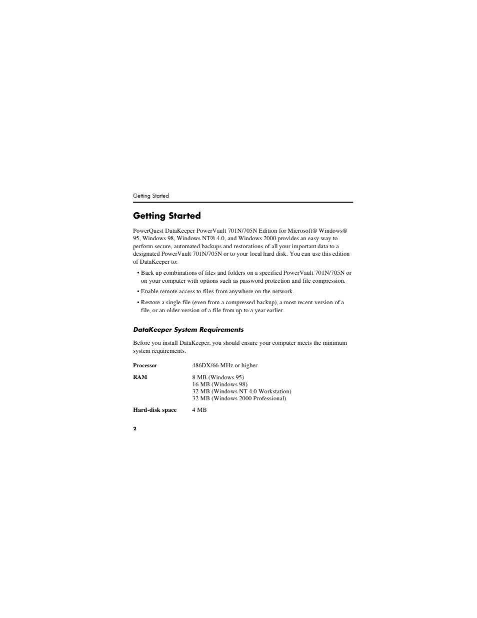 Getting started, Datakeeper system requirements | Dell PowerVault 701N (Deskside NAS Appliance) User Manual | Page 2 / 16