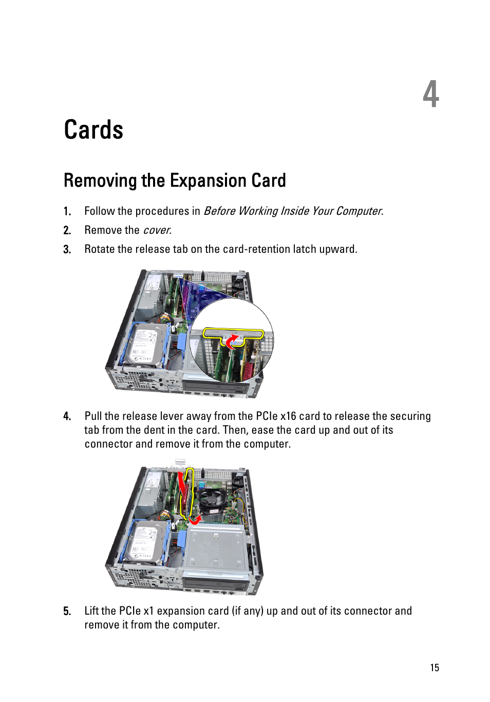 Cards, Removing the expansion card, 4 cards | Dell OptiPlex 390 (Mid 2011) User Manual | Page 15 / 97