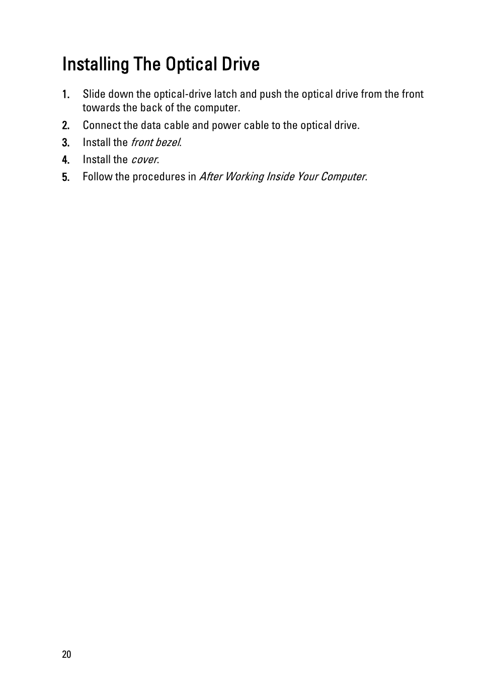 Installing the optical drive | Dell OptiPlex 390 (Mid 2011) User Manual | Page 20 / 97