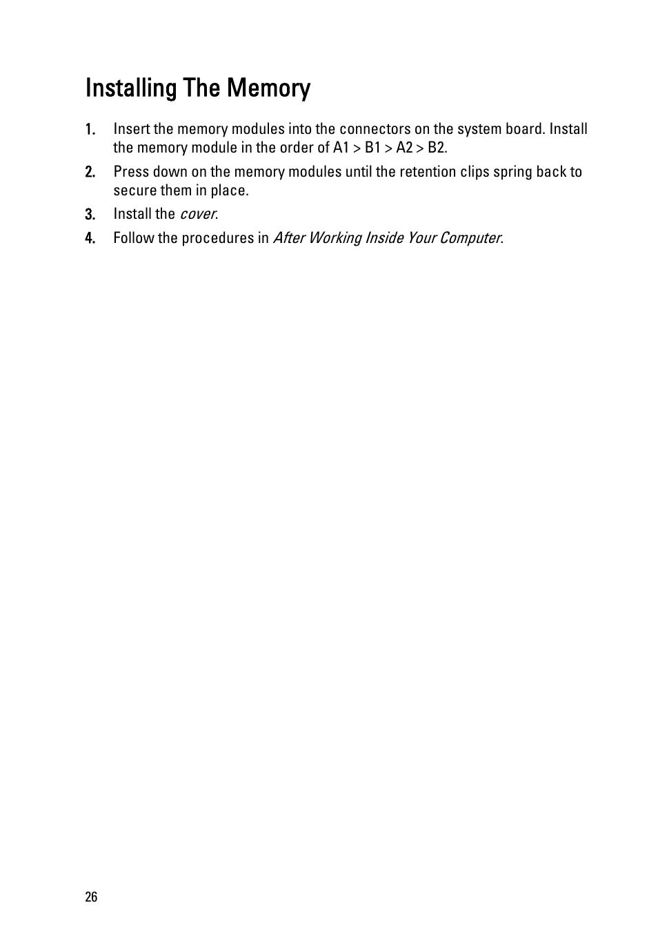 Installing the memory | Dell OptiPlex 390 (Mid 2011) User Manual | Page 26 / 97