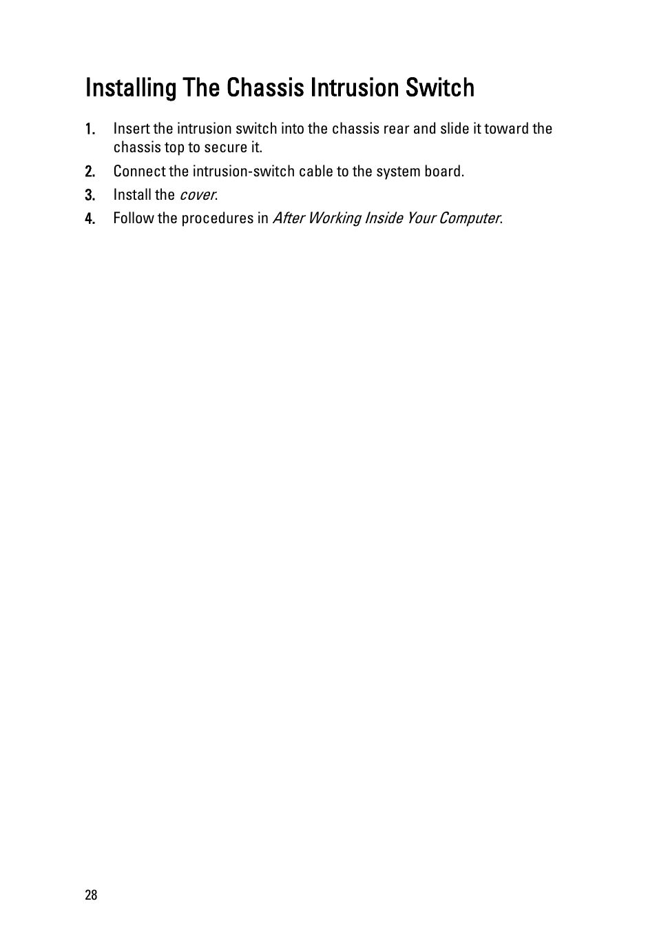 Installing the chassis intrusion switch | Dell OptiPlex 390 (Mid 2011) User Manual | Page 28 / 97