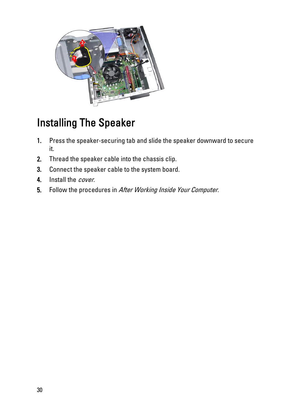 Installing the speaker | Dell OptiPlex 390 (Mid 2011) User Manual | Page 30 / 97