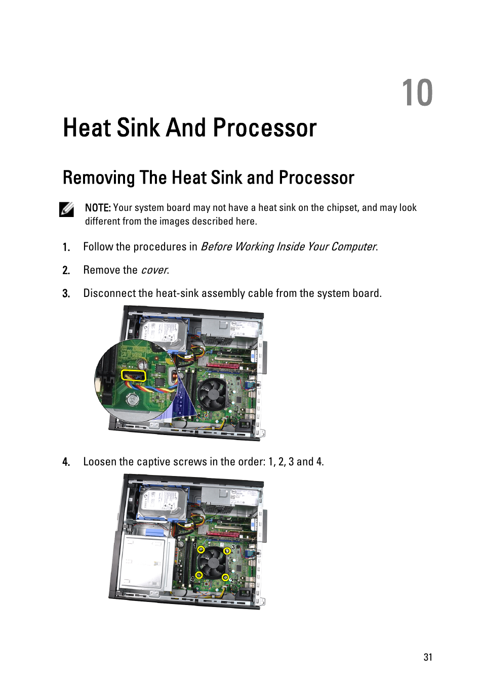 Heat sink and processor, Removing the heat sink and processor, 10 heat sink and processor | Dell OptiPlex 390 (Mid 2011) User Manual | Page 31 / 97