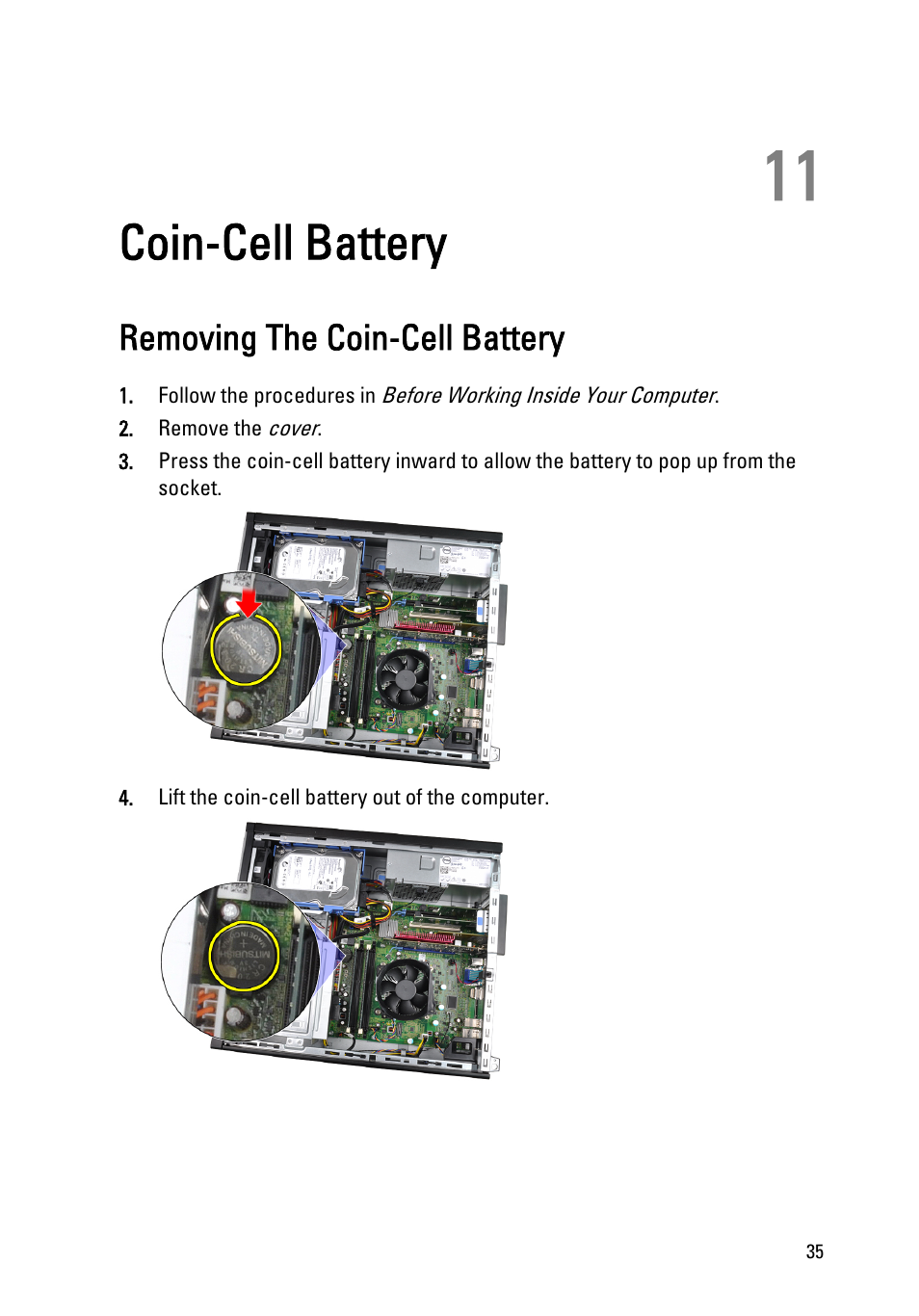 Coin-cell battery, Removing the coin-cell battery, 11 coin-cell battery | Dell OptiPlex 390 (Mid 2011) User Manual | Page 35 / 97