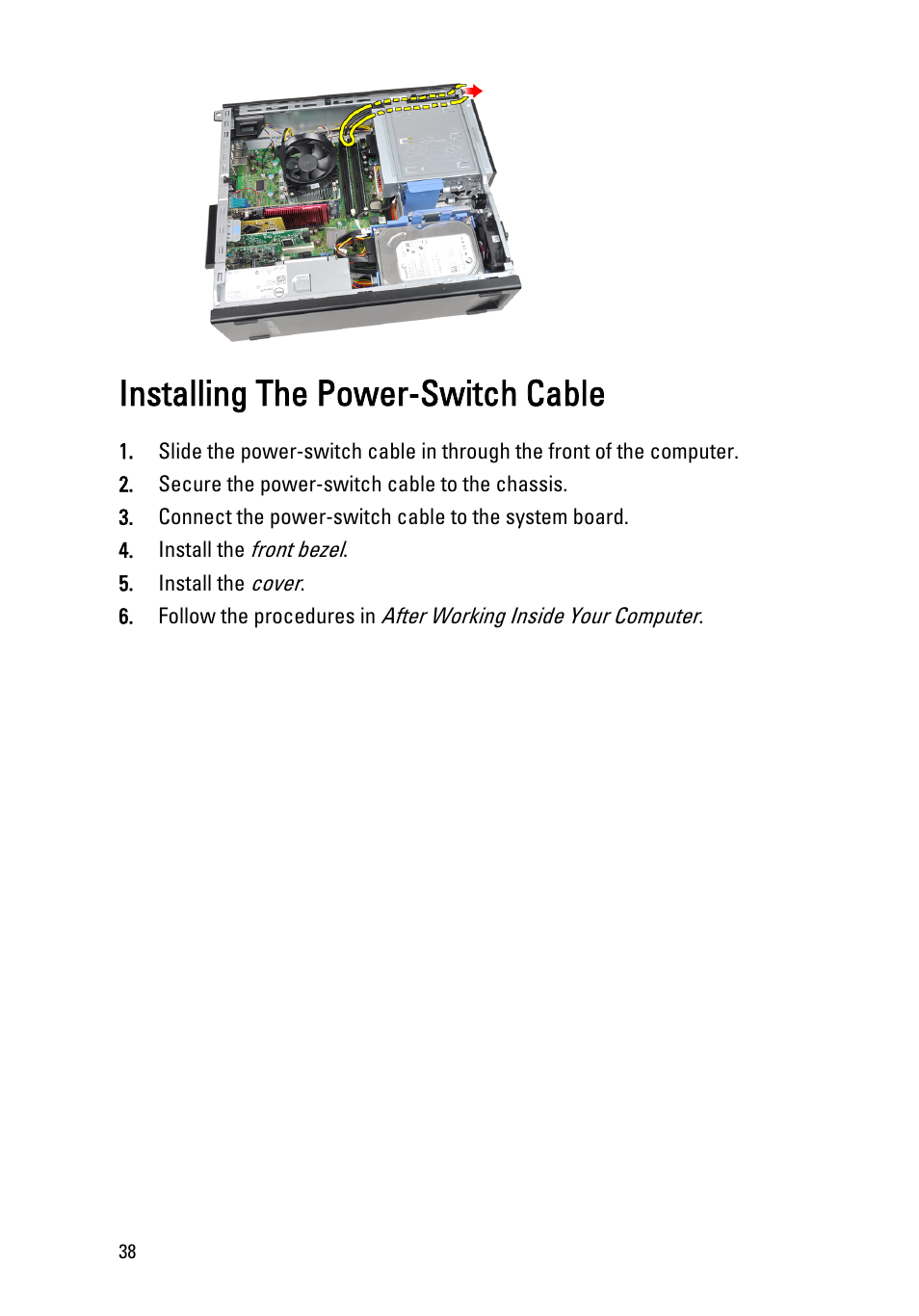 Installing the power-switch cable | Dell OptiPlex 390 (Mid 2011) User Manual | Page 38 / 97