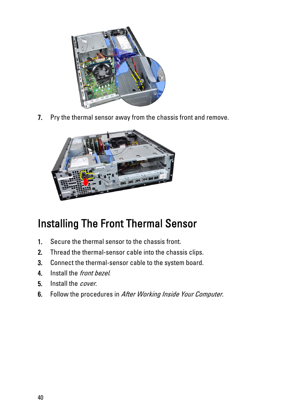 Installing the front thermal sensor | Dell OptiPlex 390 (Mid 2011) User Manual | Page 40 / 97