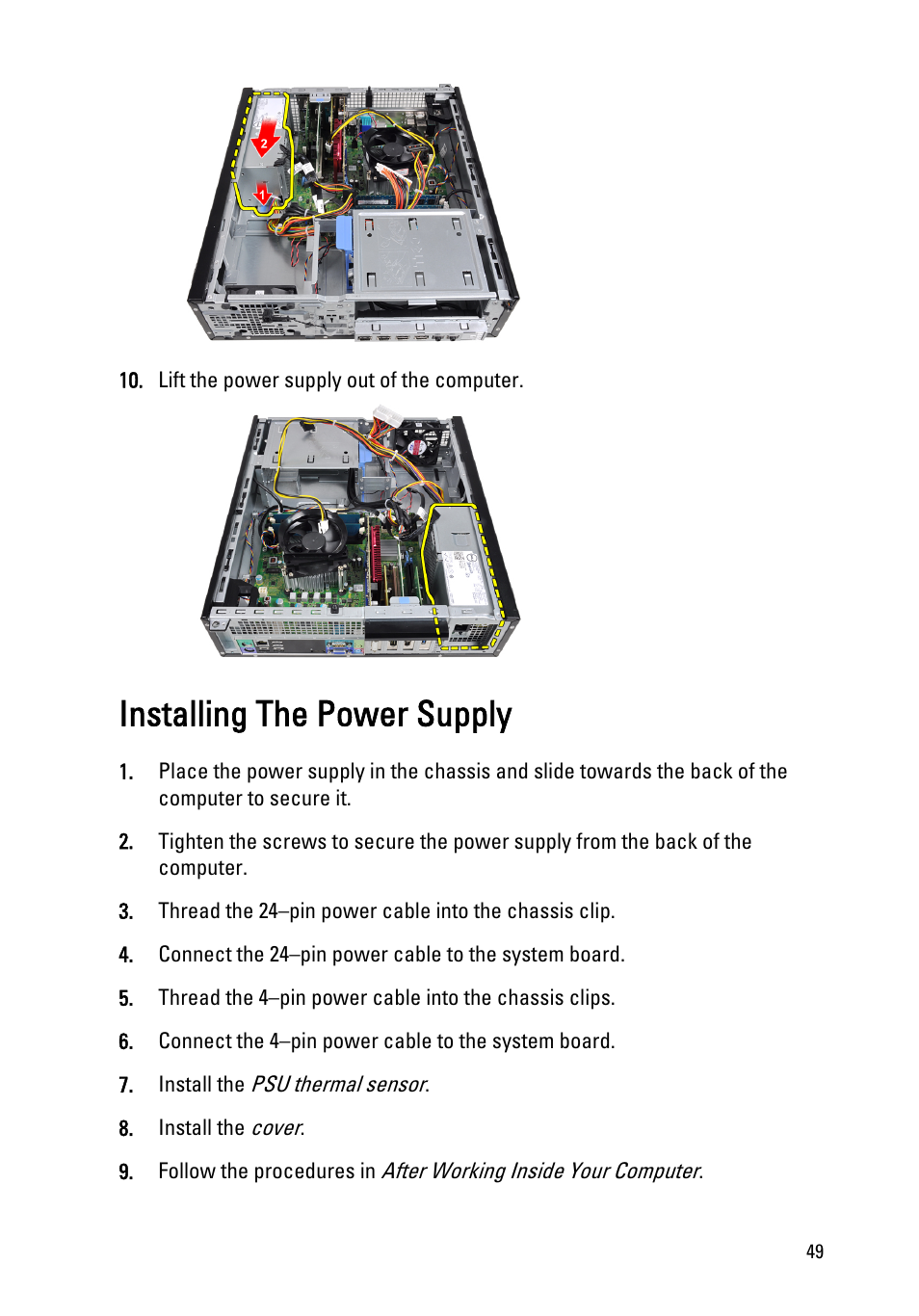 Installing the power supply | Dell OptiPlex 390 (Mid 2011) User Manual | Page 49 / 97