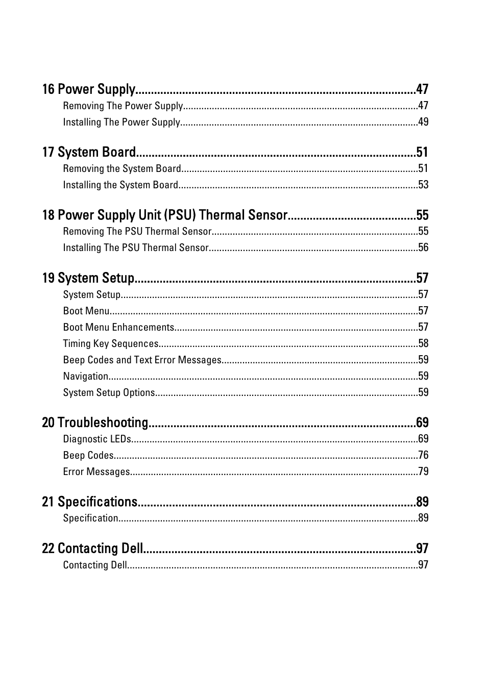 16 power supply, 17 system board, 18 power supply unit (psu) thermal sensor | 19 system setup, 20 troubleshooting, 21 specifications, 22 contacting dell | Dell OptiPlex 390 (Mid 2011) User Manual | Page 5 / 97