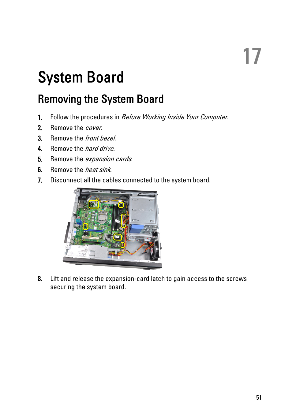 System board, Removing the system board, 17 system board | Dell OptiPlex 390 (Mid 2011) User Manual | Page 51 / 97