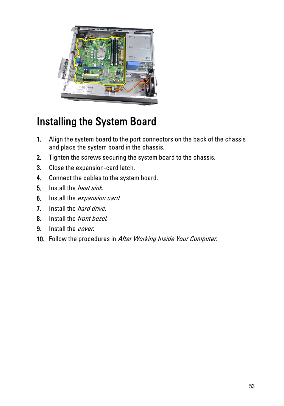 Installing the system board | Dell OptiPlex 390 (Mid 2011) User Manual | Page 53 / 97