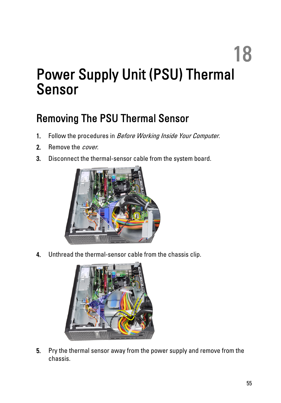 Power supply unit (psu) thermal sensor, Removing the psu thermal sensor, 18 power supply unit (psu) thermal sensor | Remove the, Psu thermal sensor | Dell OptiPlex 390 (Mid 2011) User Manual | Page 55 / 97