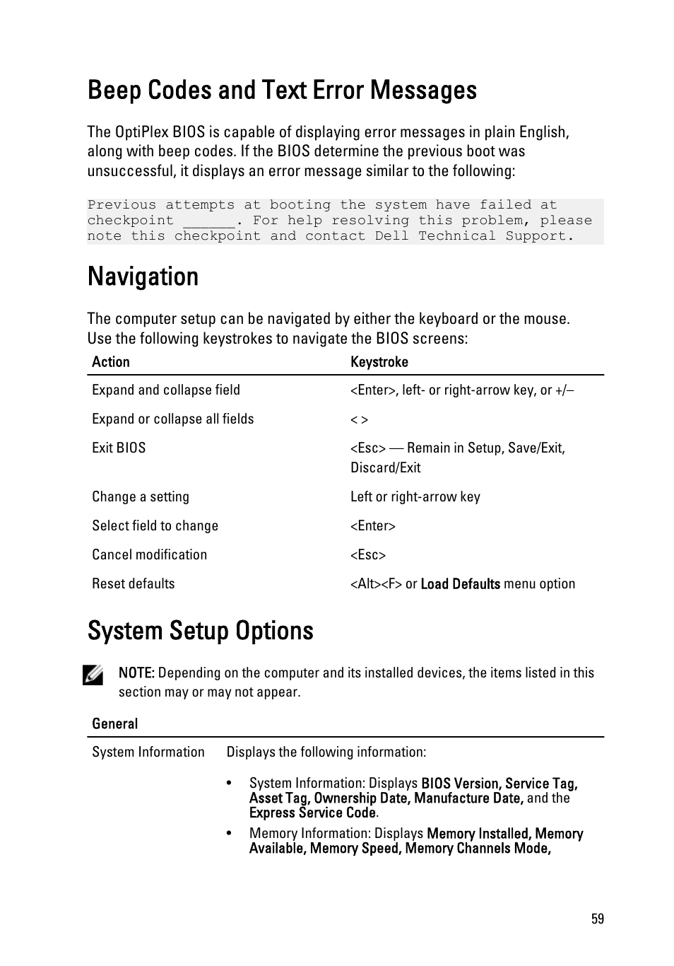 Beep codes and text error messages, Navigation, System setup options | Dell OptiPlex 390 (Mid 2011) User Manual | Page 59 / 97