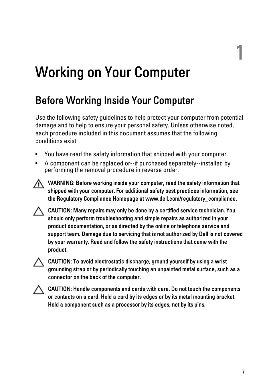 Working on your computer, Before working inside your computer, 1 working on your computer | Dell OptiPlex 390 (Mid 2011) User Manual | Page 7 / 97