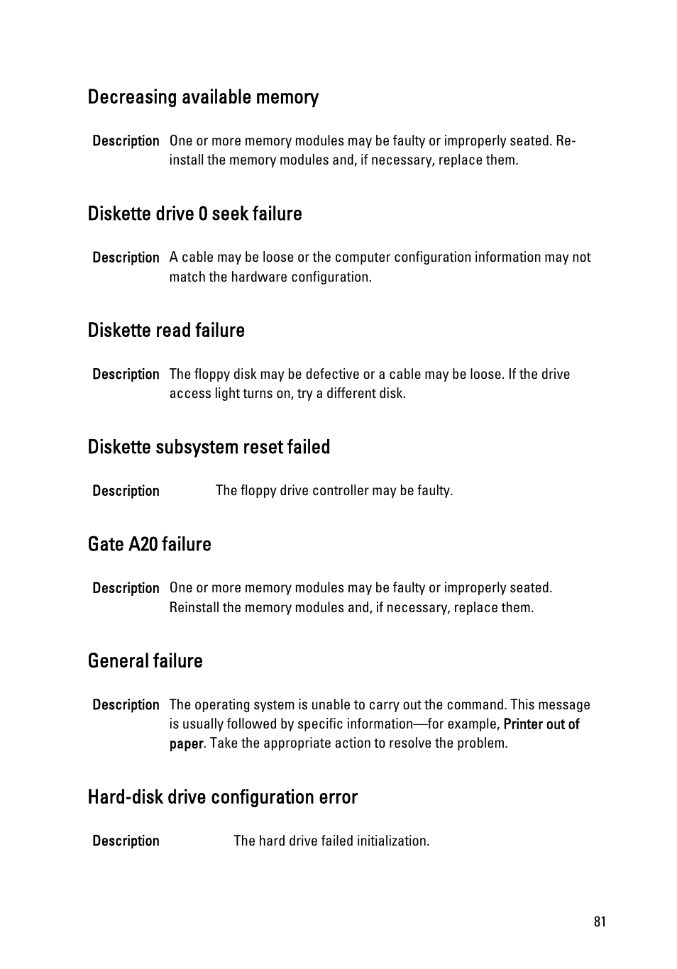 Diskette drive 0 seek failure, Diskette read failure, Diskette subsystem reset failed | Gate a20 failure, General failure, Hard-disk drive configuration error | Dell OptiPlex 390 (Mid 2011) User Manual | Page 81 / 97