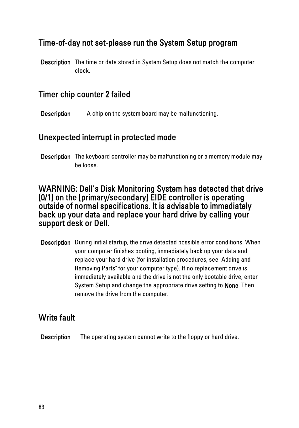 Timer chip counter 2 failed, Unexpected interrupt in protected mode, Write fault | Dell OptiPlex 390 (Mid 2011) User Manual | Page 86 / 97