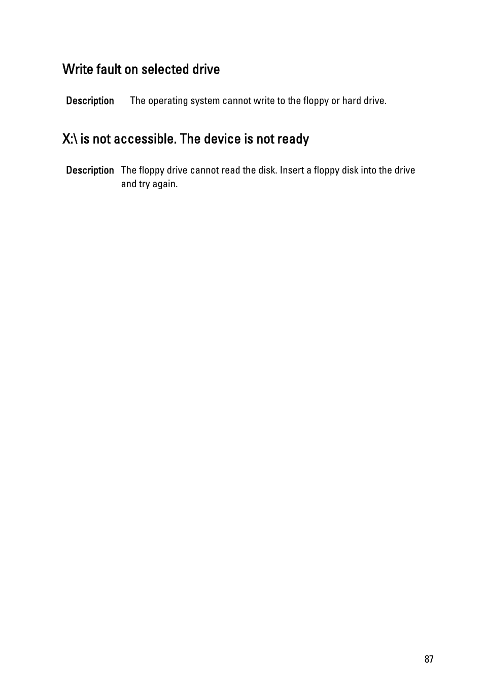 Write fault on selected drive, X:\ is not accessible. the device is not ready | Dell OptiPlex 390 (Mid 2011) User Manual | Page 87 / 97