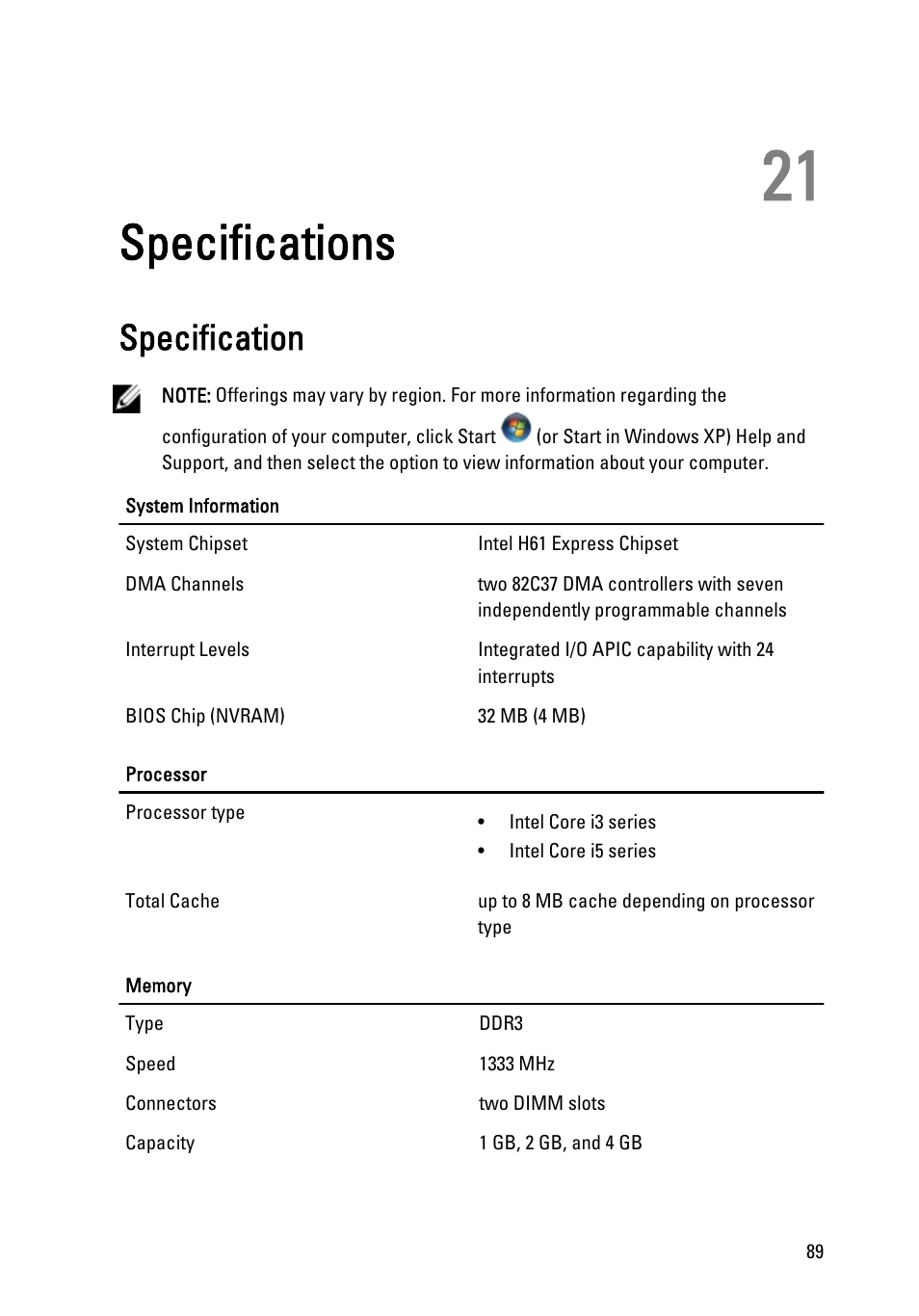 Specifications, Specification, 21 specifications | Dell OptiPlex 390 (Mid 2011) User Manual | Page 89 / 97