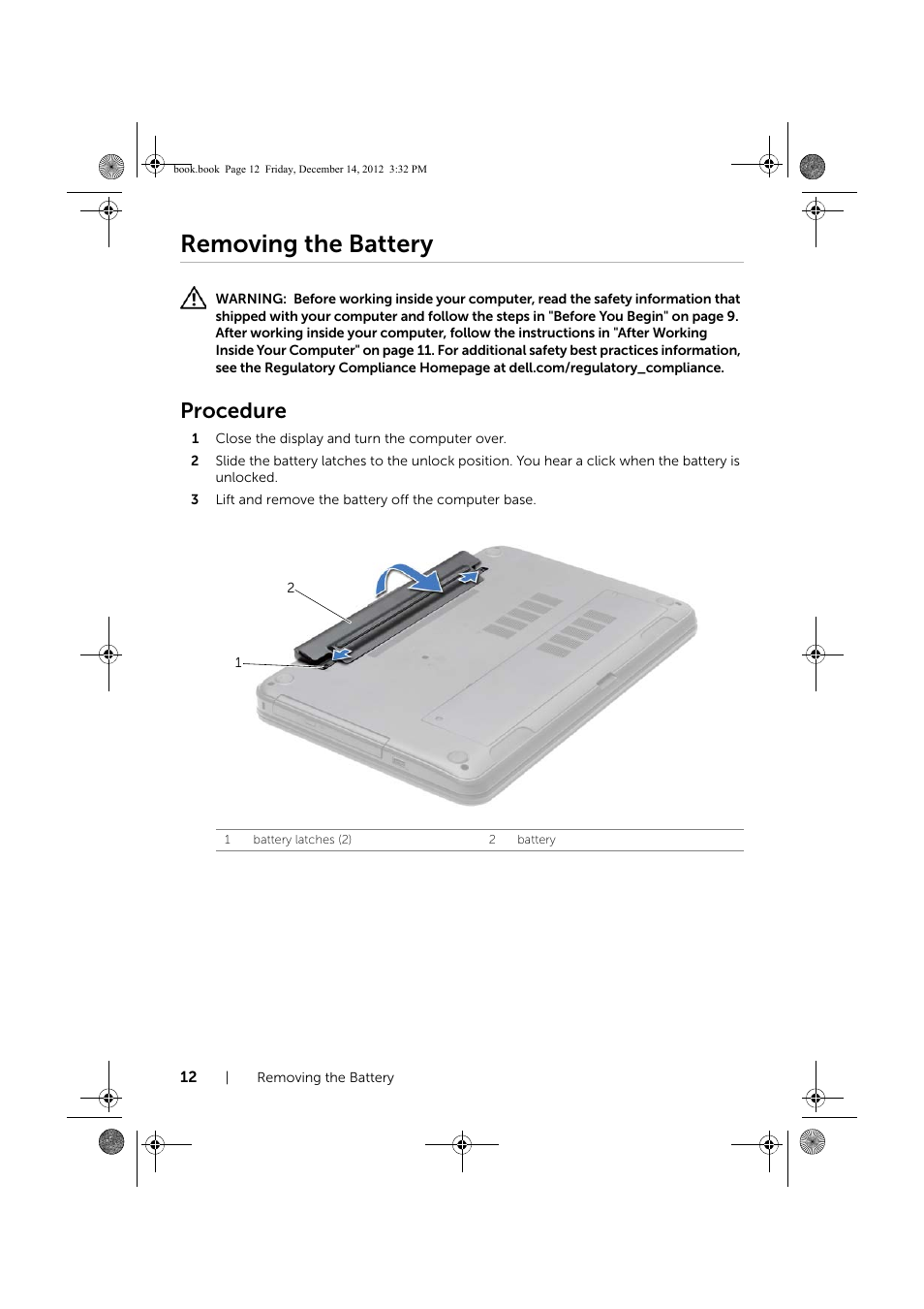 Removing the battery, Procedure | Dell Inspiron 17R (Early 2013) User Manual | Page 12 / 76