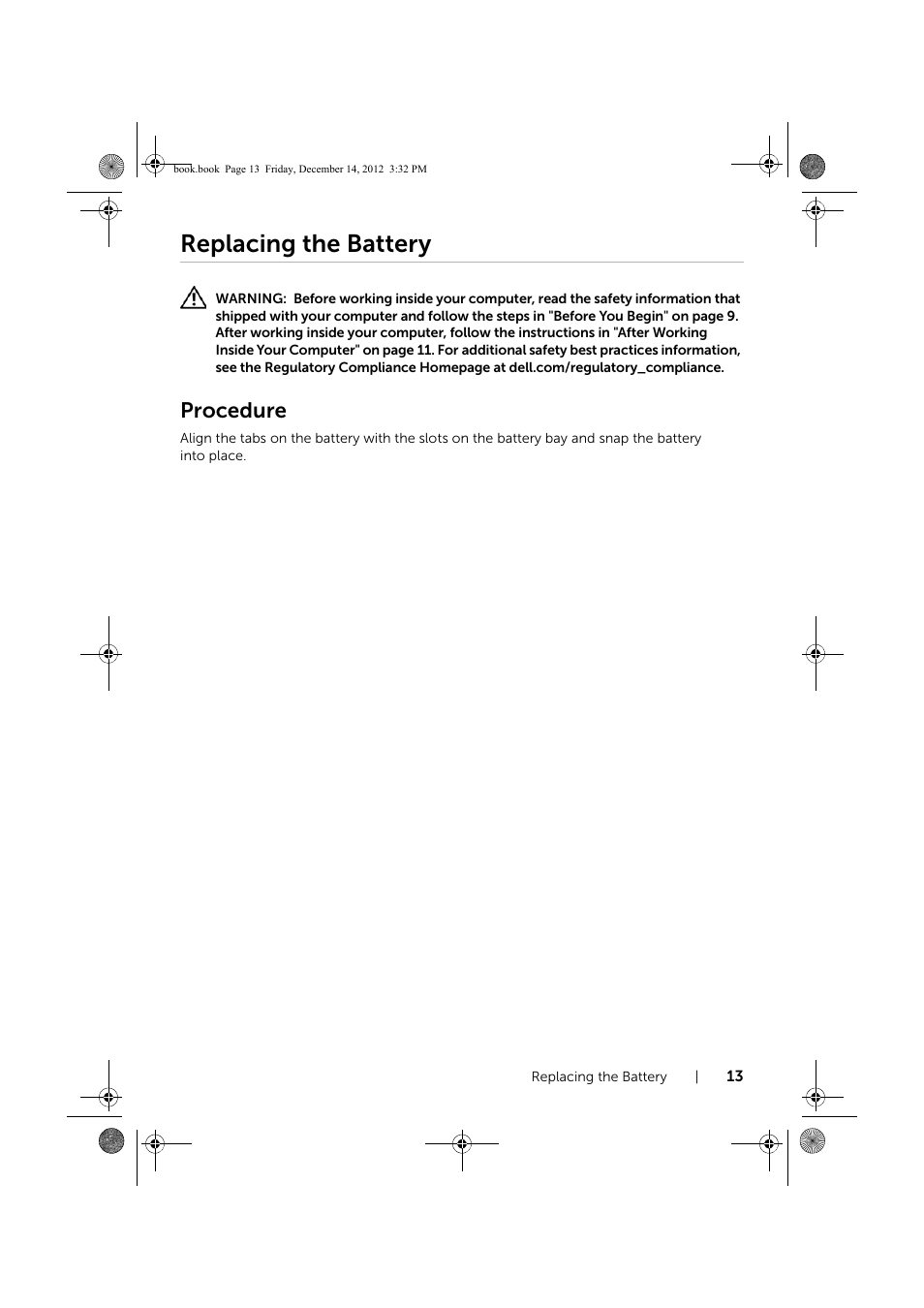 Replacing the battery, Procedure | Dell Inspiron 17R (Early 2013) User Manual | Page 13 / 76