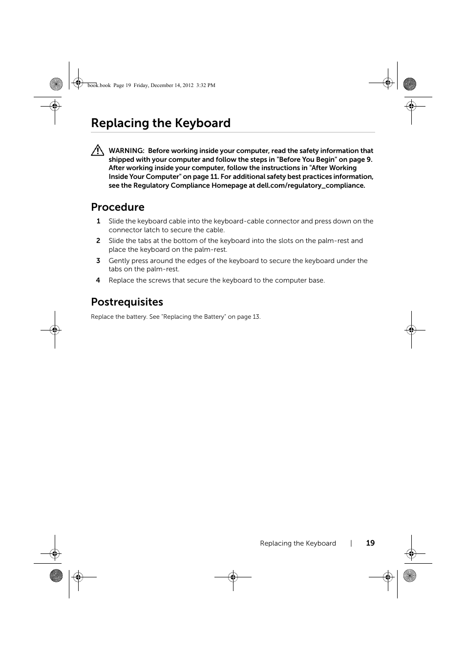Replacing the keyboard, Procedure, Postrequisites | Dell Inspiron 17R (Early 2013) User Manual | Page 19 / 76