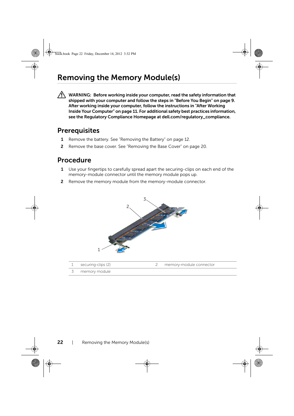 Removing the memory module(s), Prerequisites, Procedure | Dell Inspiron 17R (Early 2013) User Manual | Page 22 / 76