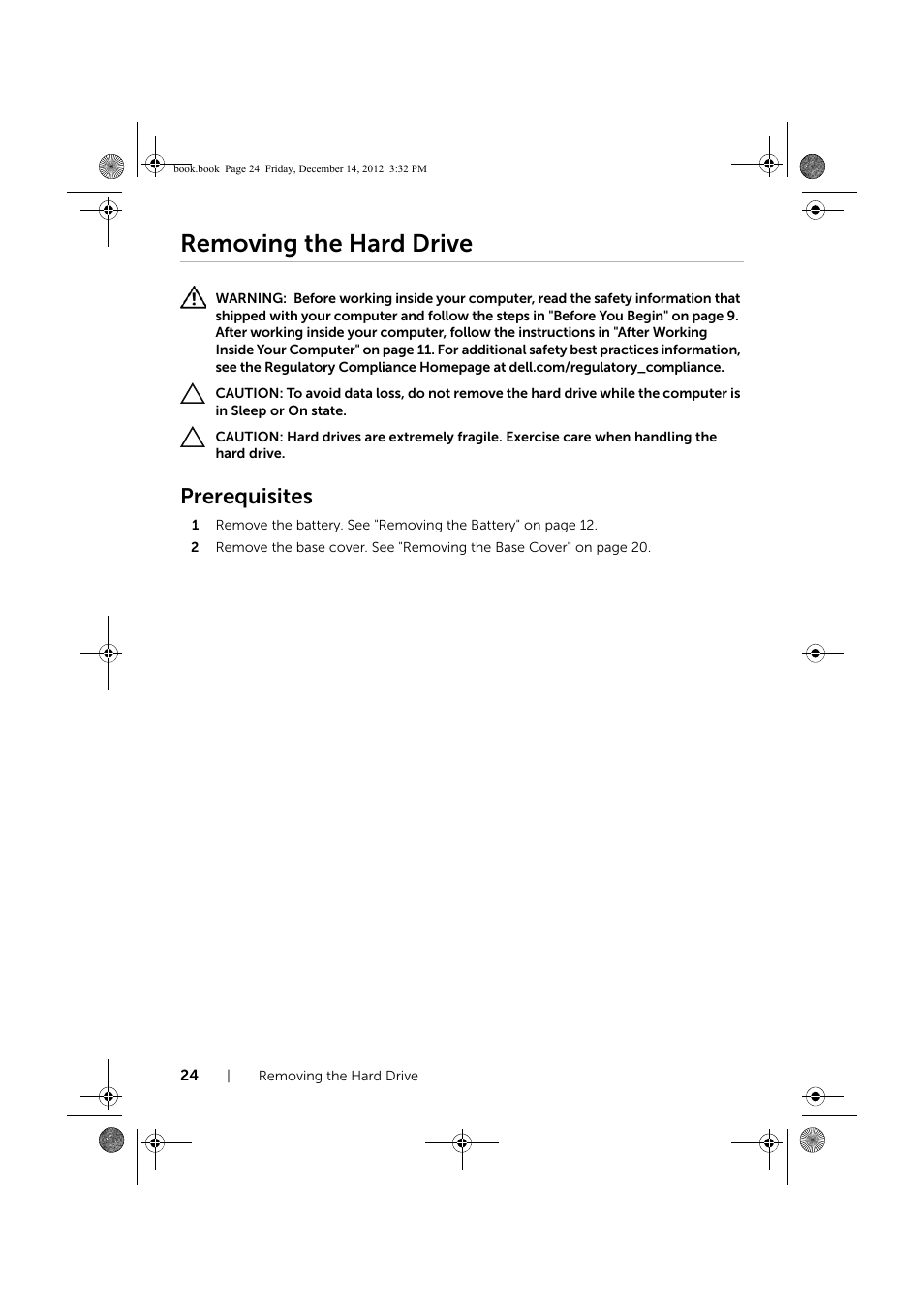 Removing the hard drive, Prerequisites | Dell Inspiron 17R (Early 2013) User Manual | Page 24 / 76