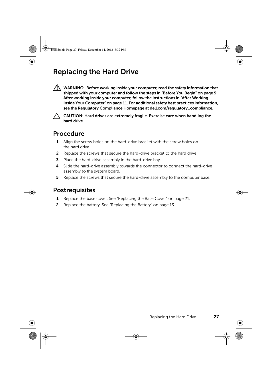 Replacing the hard drive, Procedure, Postrequisites | Dell Inspiron 17R (Early 2013) User Manual | Page 27 / 76