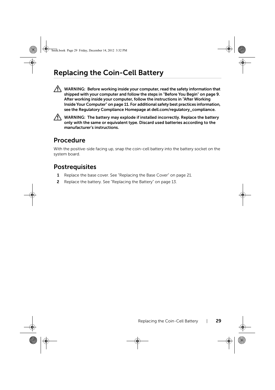 Replacing the coin-cell battery, Procedure, Postrequisites | Dell Inspiron 17R (Early 2013) User Manual | Page 29 / 76