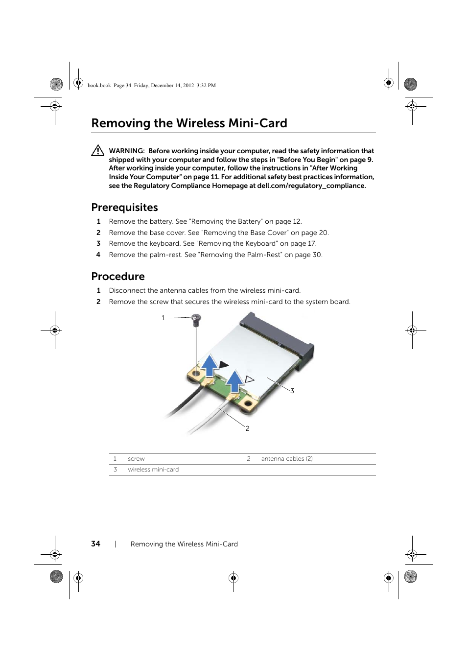 Removing the wireless mini-card, Prerequisites, Procedure | Dell Inspiron 17R (Early 2013) User Manual | Page 34 / 76