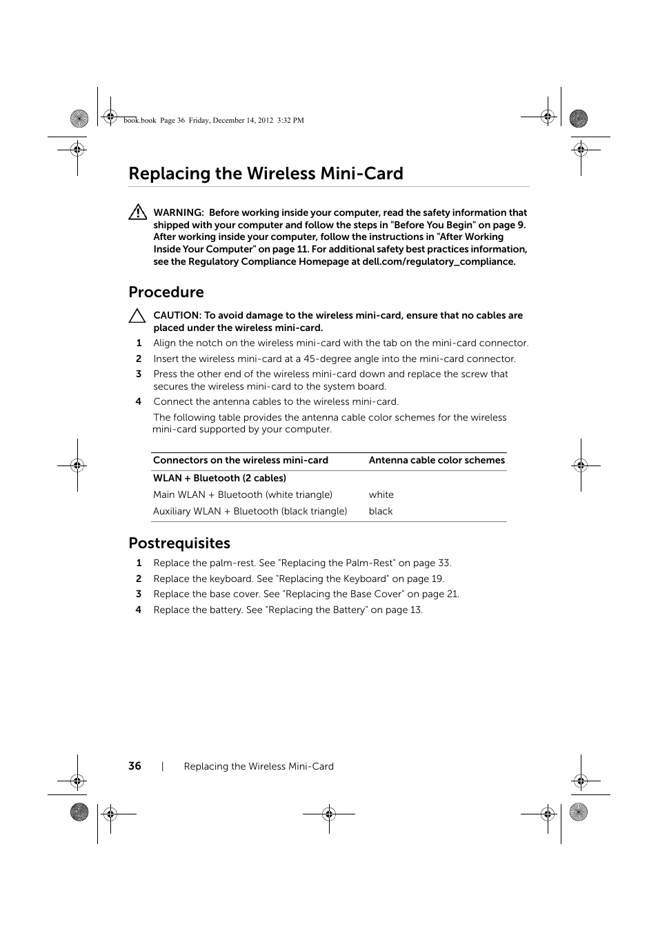 Replacing the wireless mini-card, Procedure, Postrequisites | Dell Inspiron 17R (Early 2013) User Manual | Page 36 / 76