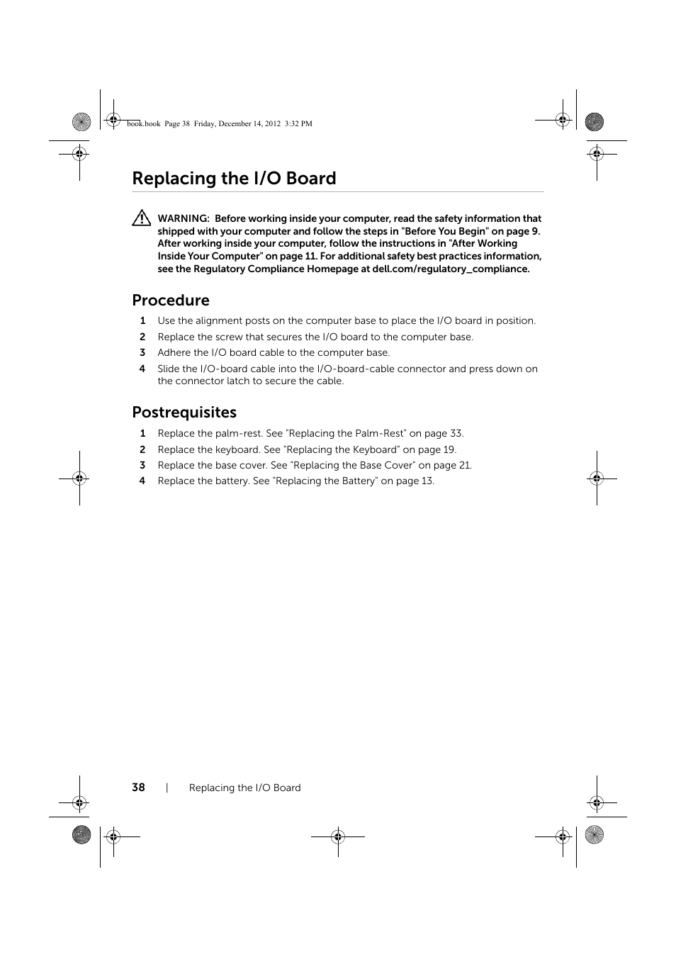 Replacing the i/o board, Procedure, Postrequisites | Dell Inspiron 17R (Early 2013) User Manual | Page 38 / 76
