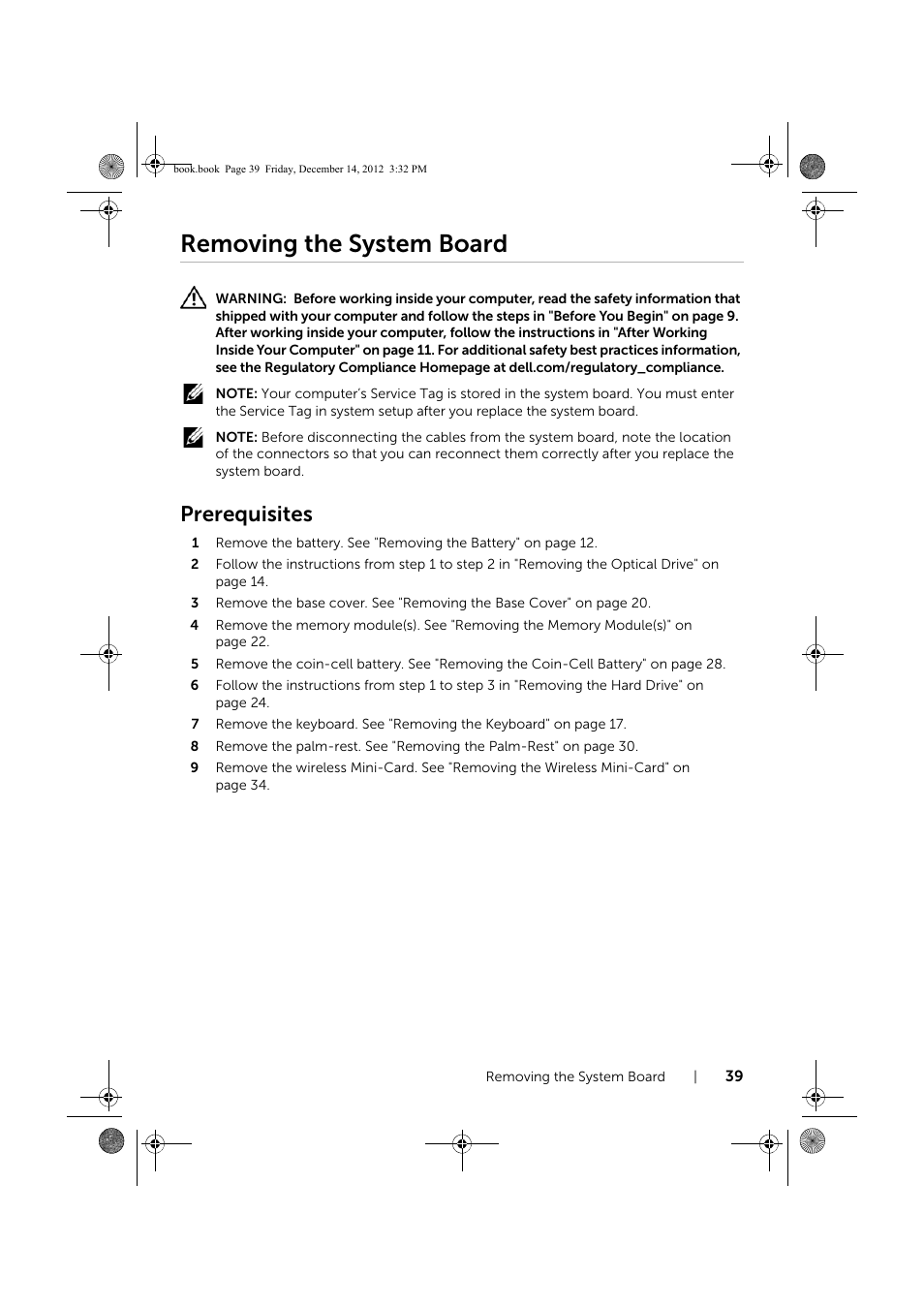 Removing the system board, Prerequisites | Dell Inspiron 17R (Early 2013) User Manual | Page 39 / 76