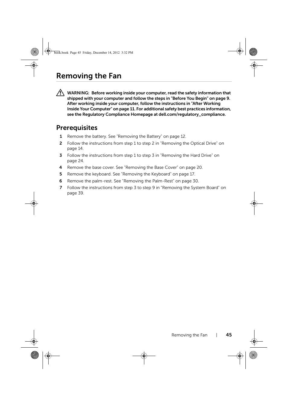 Removing the fan, Prerequisites | Dell Inspiron 17R (Early 2013) User Manual | Page 45 / 76