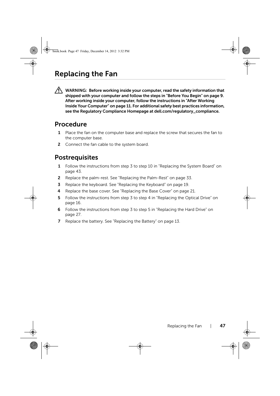 Replacing the fan, Procedure, Postrequisites | Dell Inspiron 17R (Early 2013) User Manual | Page 47 / 76