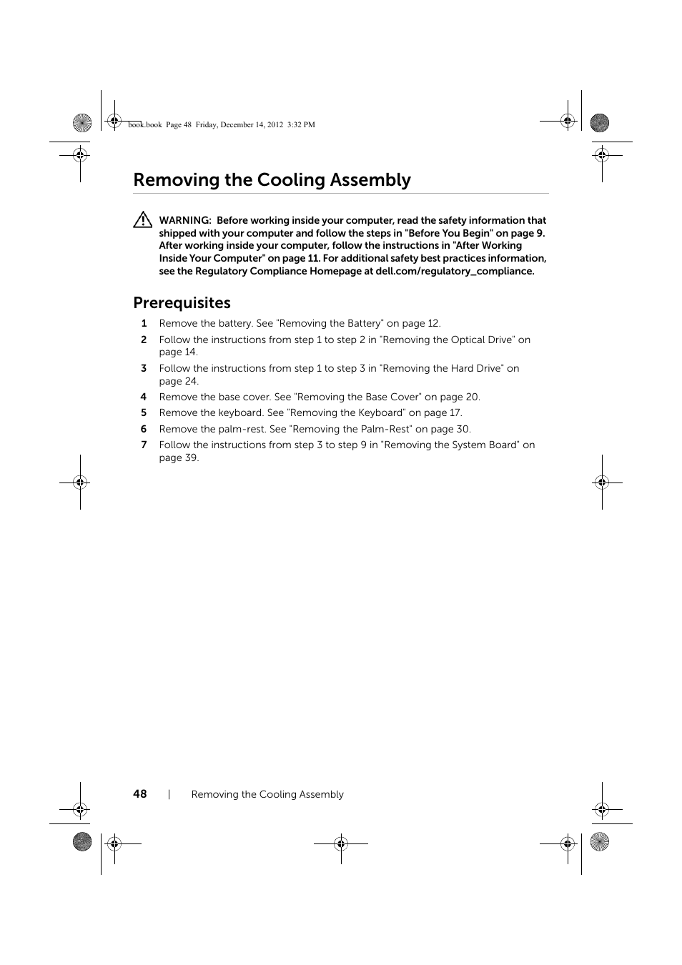 Removing the cooling assembly, Prerequisites | Dell Inspiron 17R (Early 2013) User Manual | Page 48 / 76