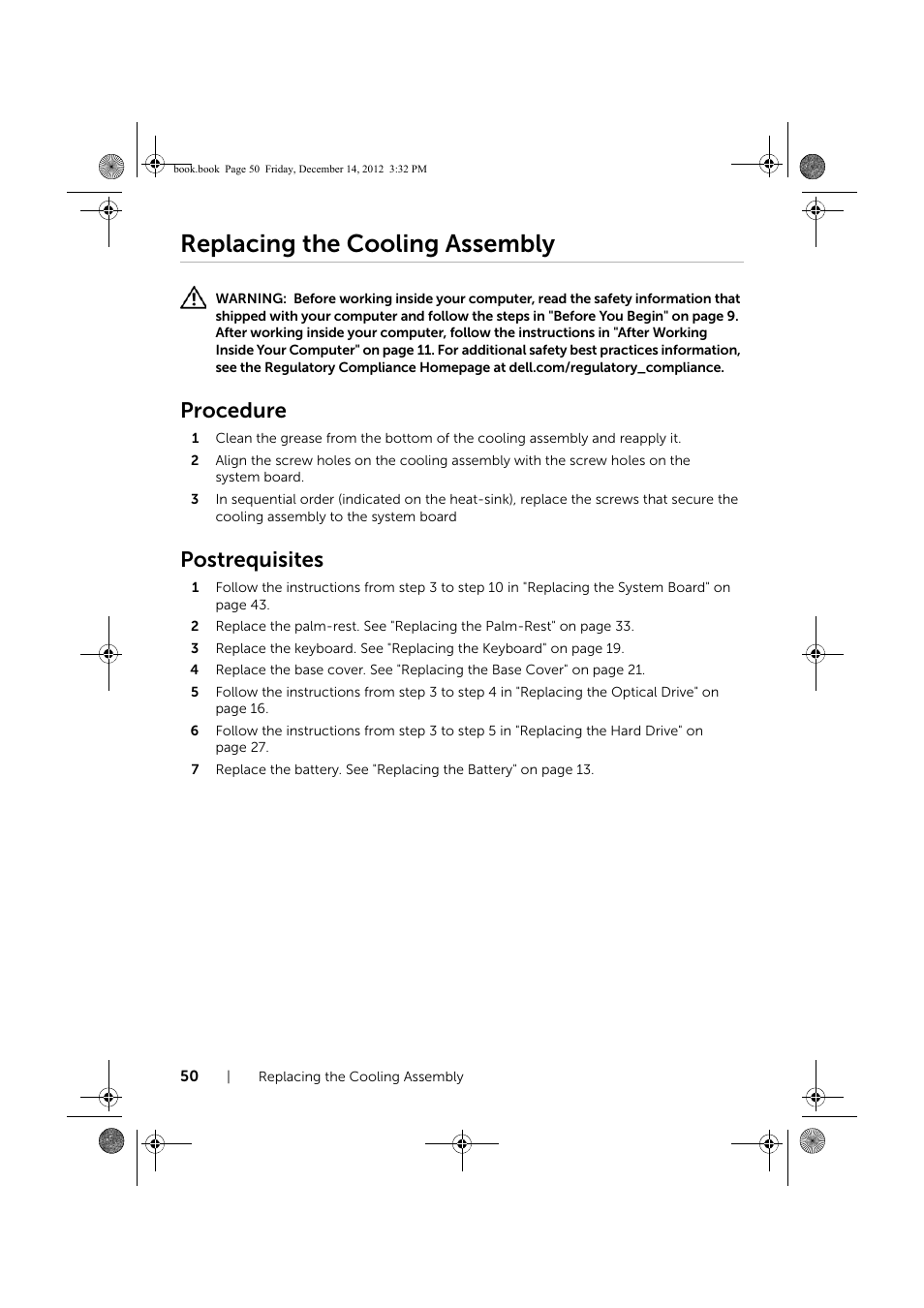 Replacing the cooling assembly, Procedure, Postrequisites | Dell Inspiron 17R (Early 2013) User Manual | Page 50 / 76