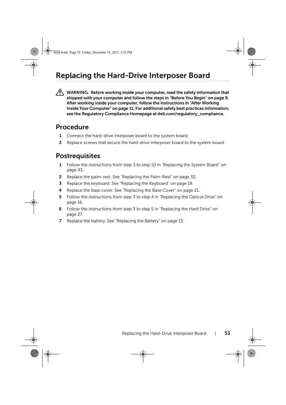 Replacing the hard-drive interposer board, Procedure, Postrequisites | Dell Inspiron 17R (Early 2013) User Manual | Page 53 / 76