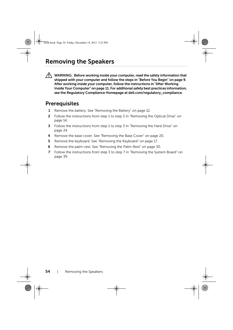 Removing the speakers, Prerequisites | Dell Inspiron 17R (Early 2013) User Manual | Page 54 / 76