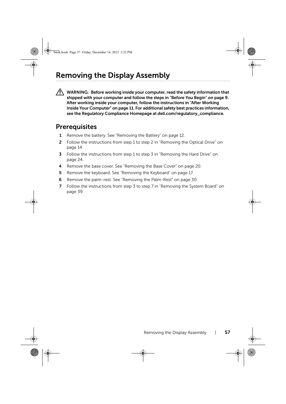 Removing the display assembly, Prerequisites | Dell Inspiron 17R (Early 2013) User Manual | Page 57 / 76