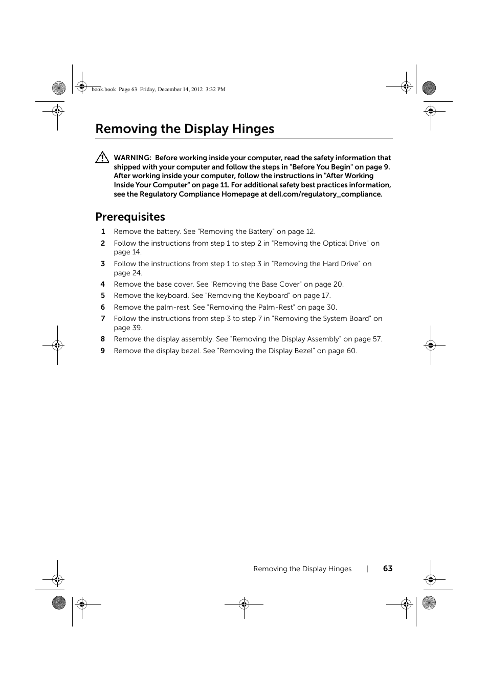 Removing the display hinges, Prerequisites | Dell Inspiron 17R (Early 2013) User Manual | Page 63 / 76