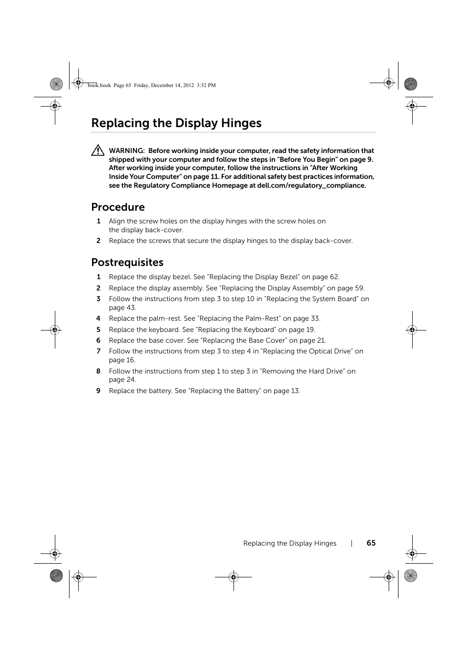 Replacing the display hinges, Procedure, Postrequisites | Dell Inspiron 17R (Early 2013) User Manual | Page 65 / 76