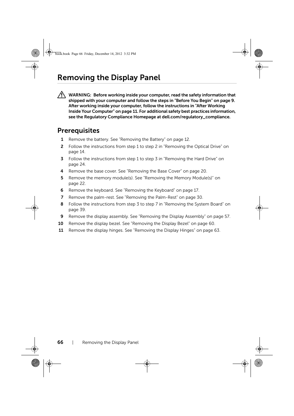 Removing the display panel, Prerequisites | Dell Inspiron 17R (Early 2013) User Manual | Page 66 / 76