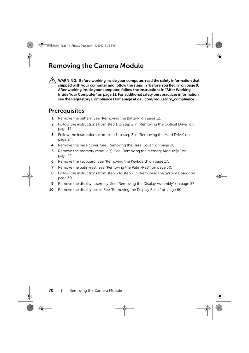 Removing the camera module, Prerequisites | Dell Inspiron 17R (Early 2013) User Manual | Page 70 / 76