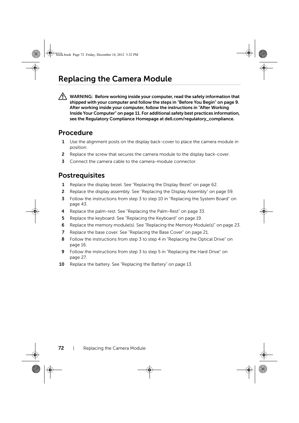Replacing the camera module, Procedure, Postrequisites | Dell Inspiron 17R (Early 2013) User Manual | Page 72 / 76