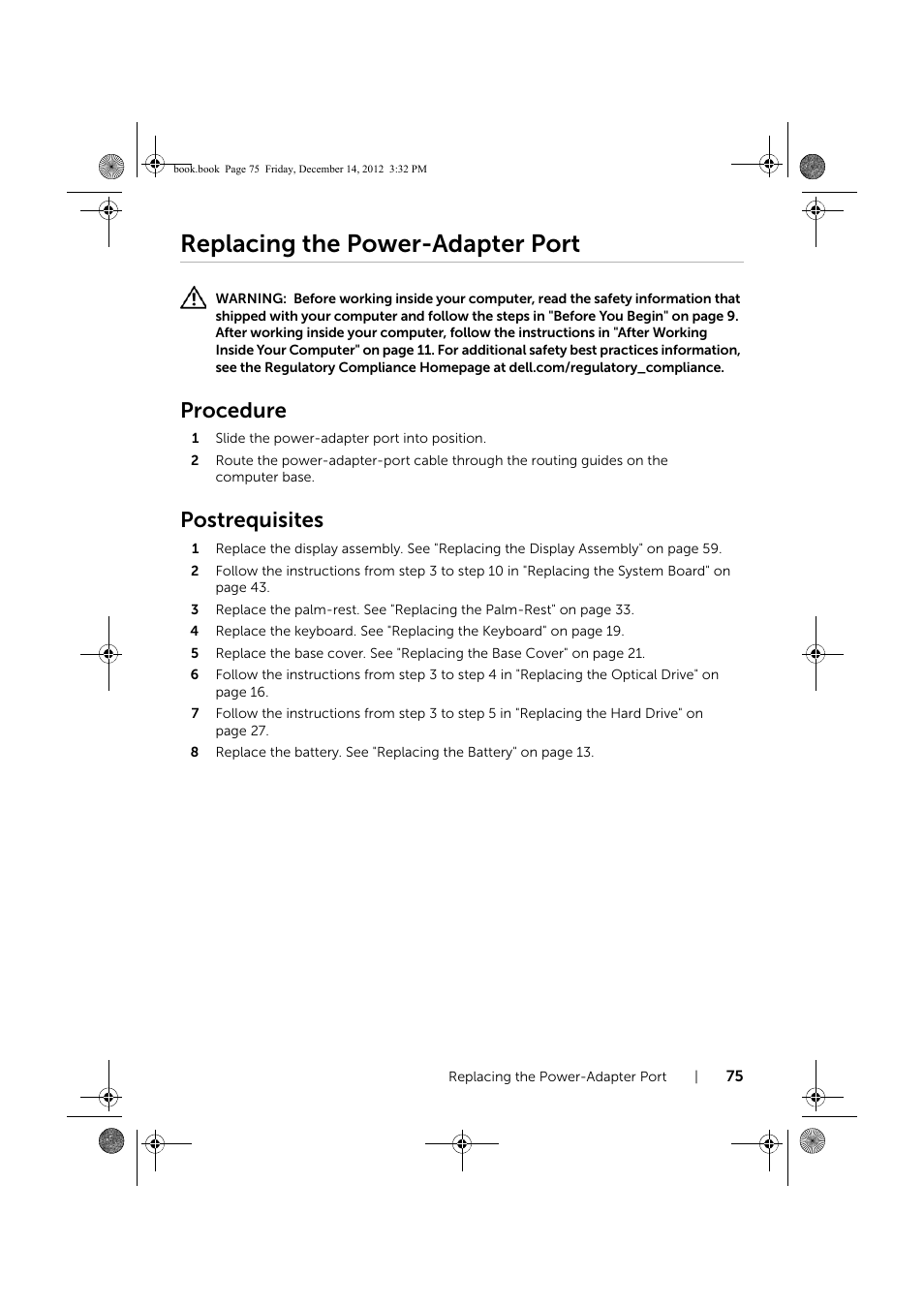 Replacing the power-adapter port, Procedure, Postrequisites | Dell Inspiron 17R (Early 2013) User Manual | Page 75 / 76