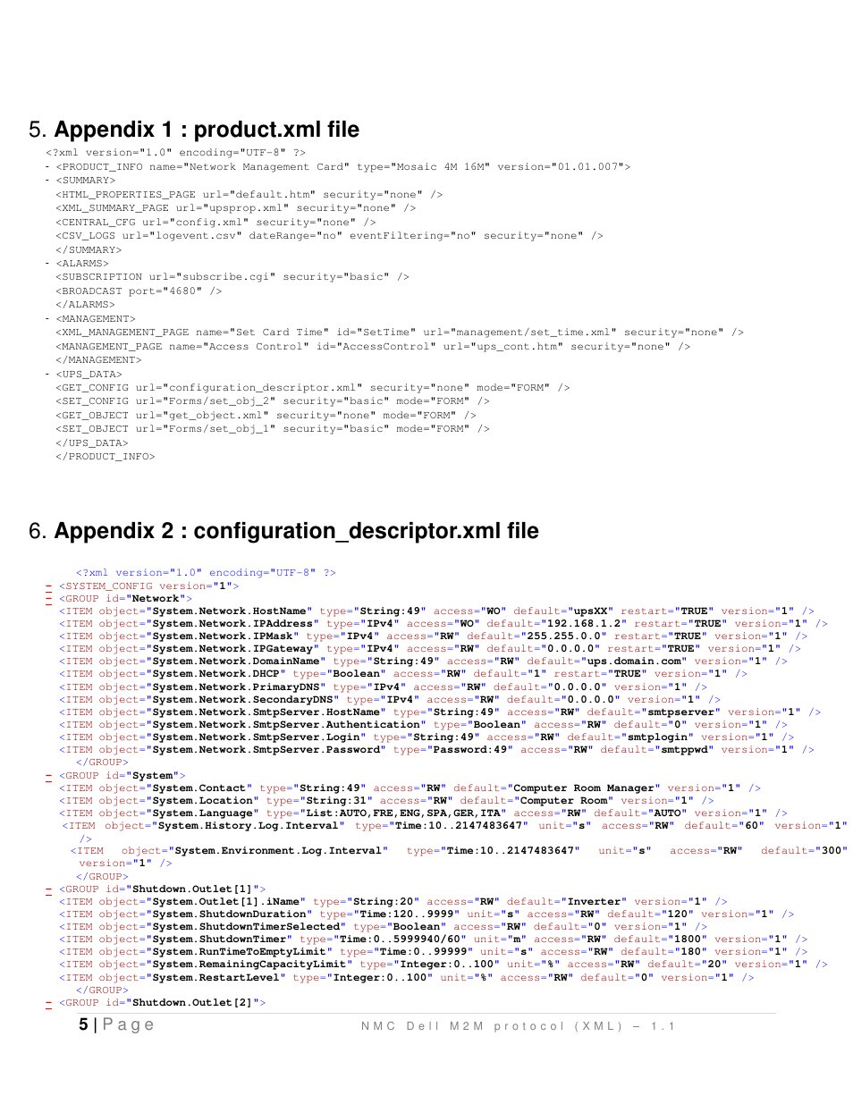 Appendix 1 : product.xml file, Appendix 2 : configuration_descriptor.xml file, 5 | p a g e | Dell UPS 1000R User Manual | Page 7 / 13