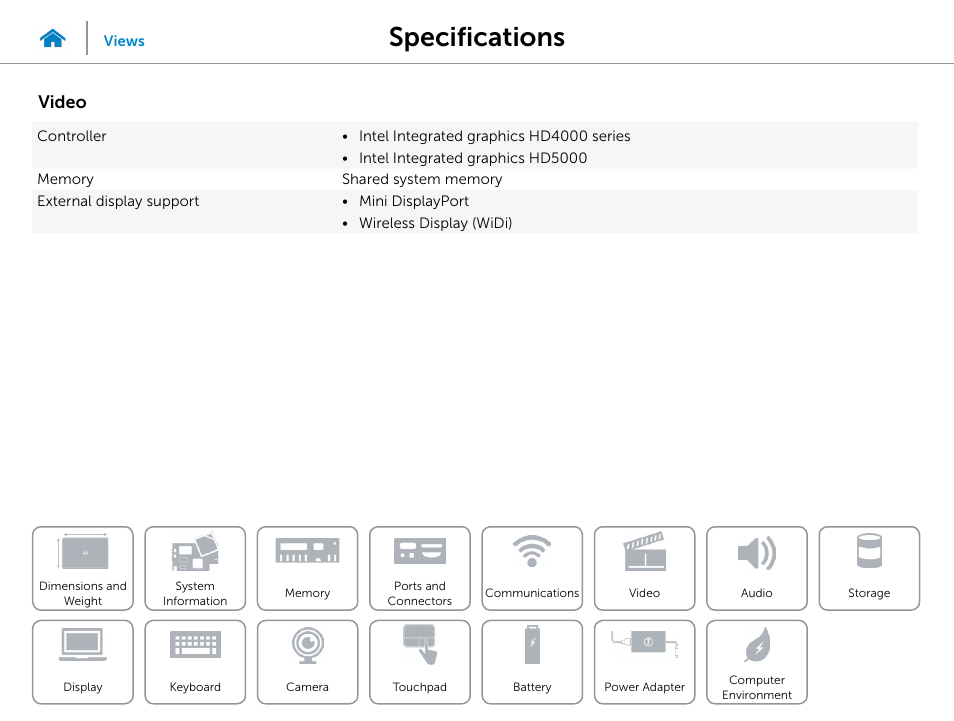 Video, Specifications | Dell XPS 13 (9333, Late 2013) User Manual | Page 11 / 20