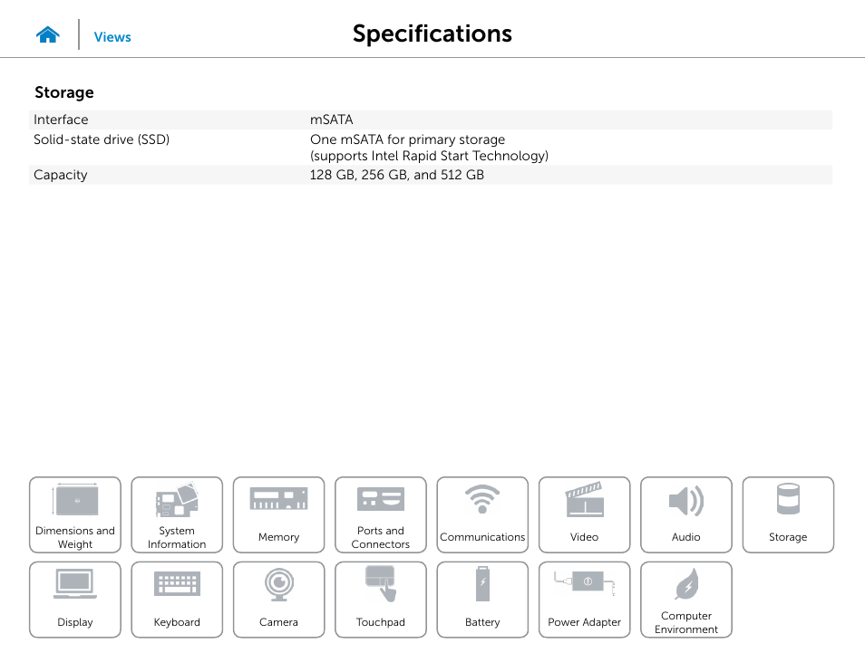 Storage, Specifications | Dell XPS 13 (9333, Late 2013) User Manual | Page 13 / 20