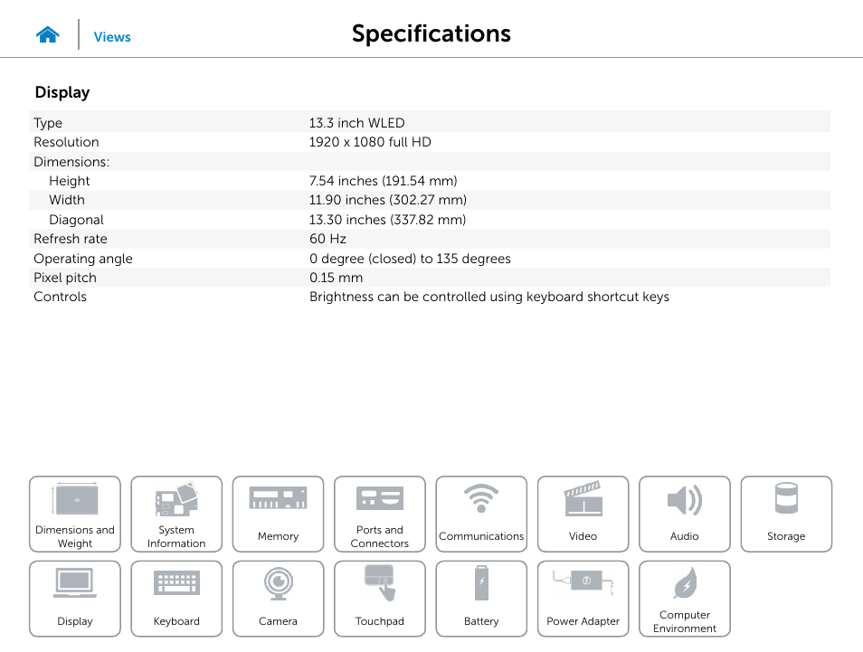 Display, Specifications | Dell XPS 13 (9333, Late 2013) User Manual | Page 14 / 20
